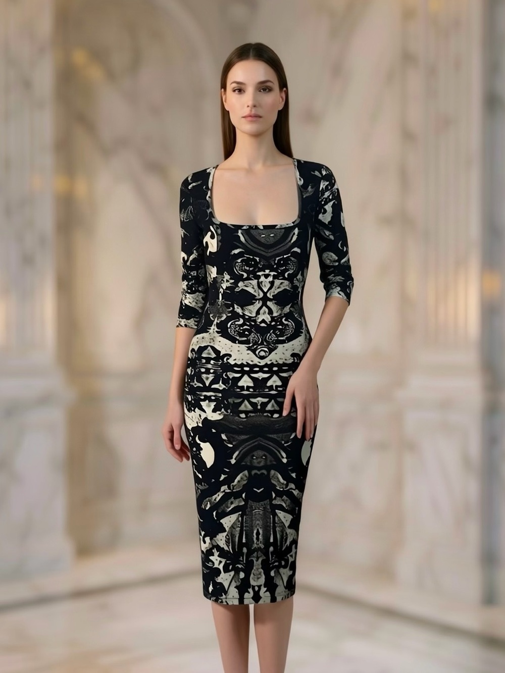 Just Cavalli Mirrored Black and White Patterned Dress